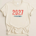 Cream t-shirt with "2027 PHARMD" text in red and blue.