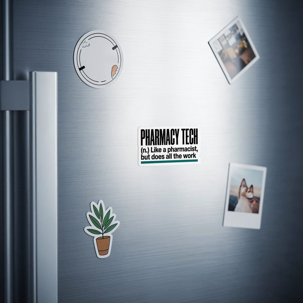 Magnet reading "Pharmacy Tech: Like a pharmacist, but does all the work."