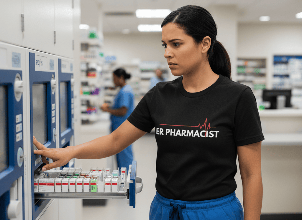 ER Pharmacist Heartbeat Line Tee - Pharmacy Apparel for Pharmacists, Techs & Students