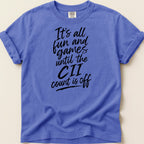 Purple Comfort Colors t-shirt with "It's all fun and games until the CII count is off" text.