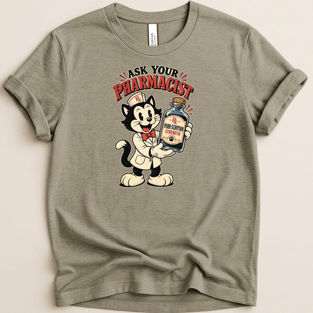 Cartoon cat pharmacist holding bottle with text "Purr-scription Strength".