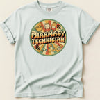 Comfort Colors t-shirt with "Pharmacy Technician" and medical symbols in retro design.