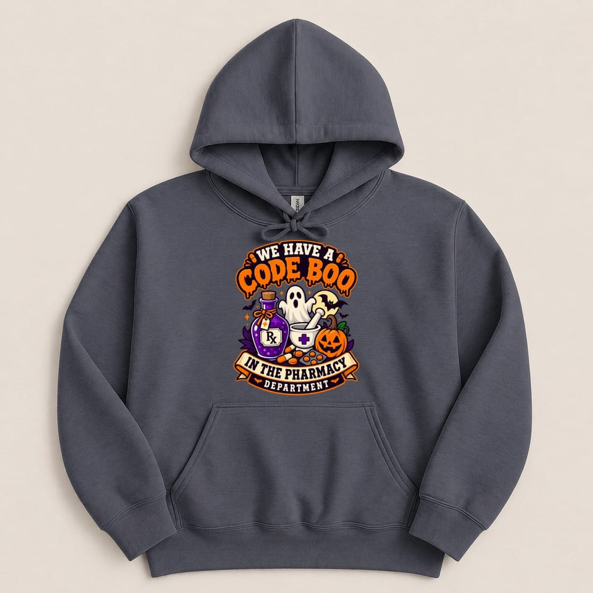 Gray hoodie with Halloween pharmacy graphic and text.