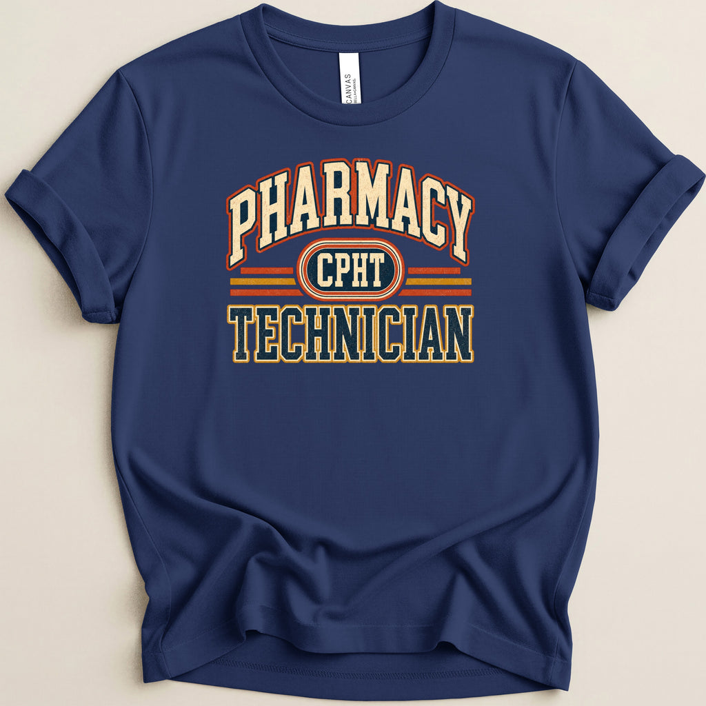 Navy t-shirt with "Pharmacy Technician CPHT" text in varsity lettering.