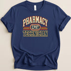 Navy t-shirt with "Pharmacy Technician CPHT" text in varsity lettering.