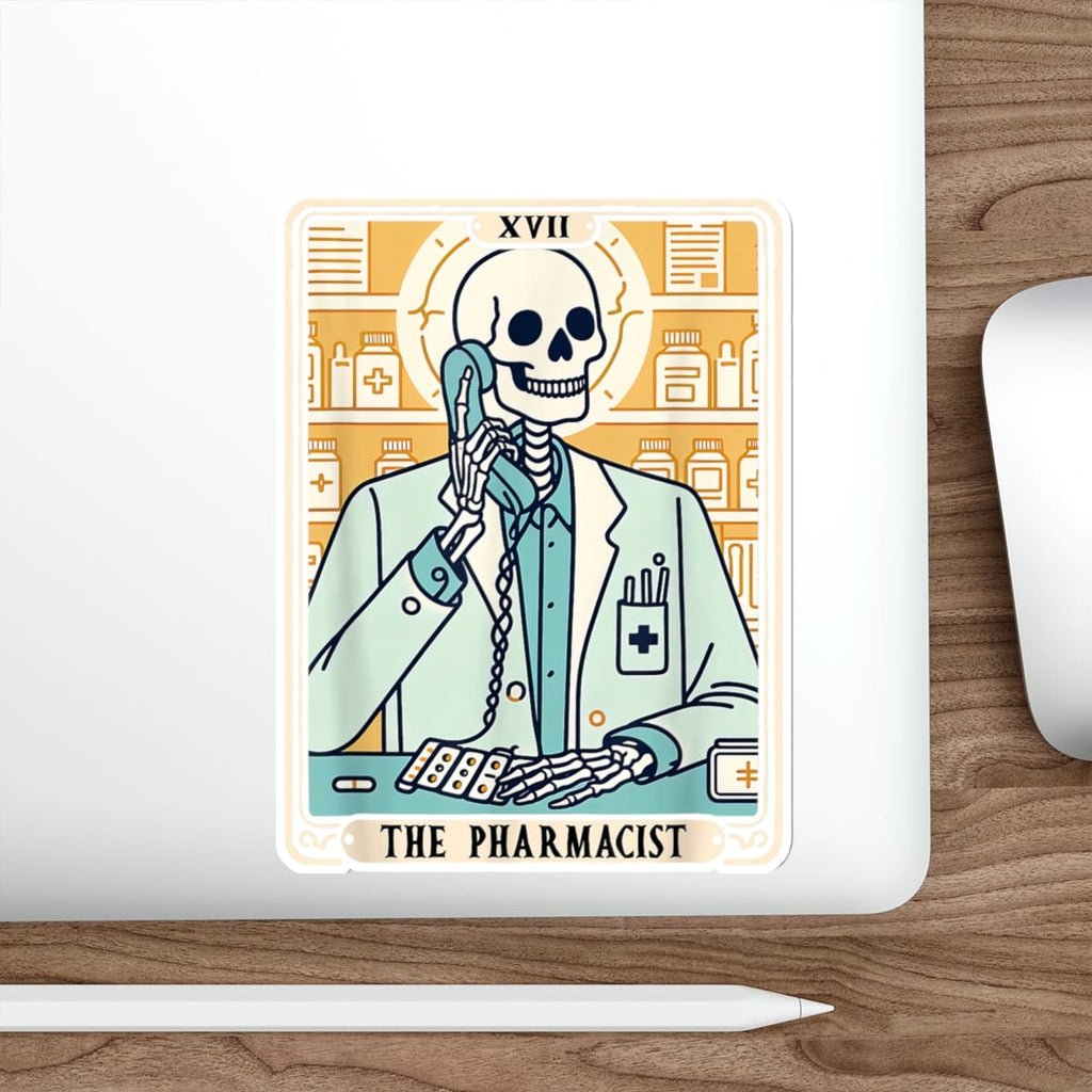 Skeleton pharmacist wearing a lab coat, talking on a phone, with shelves of medicine.