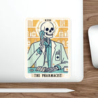 Skeleton pharmacist wearing a lab coat, talking on a phone, with shelves of medicine.