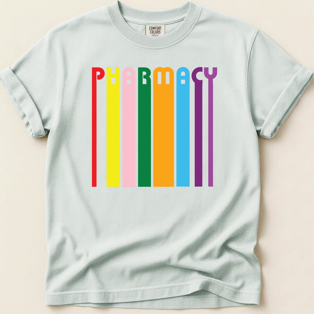 Light blue t-shirt with colorful vertical stripes spelling "PHARMACY".
