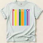 Light blue t-shirt with colorful vertical stripes spelling "PHARMACY".