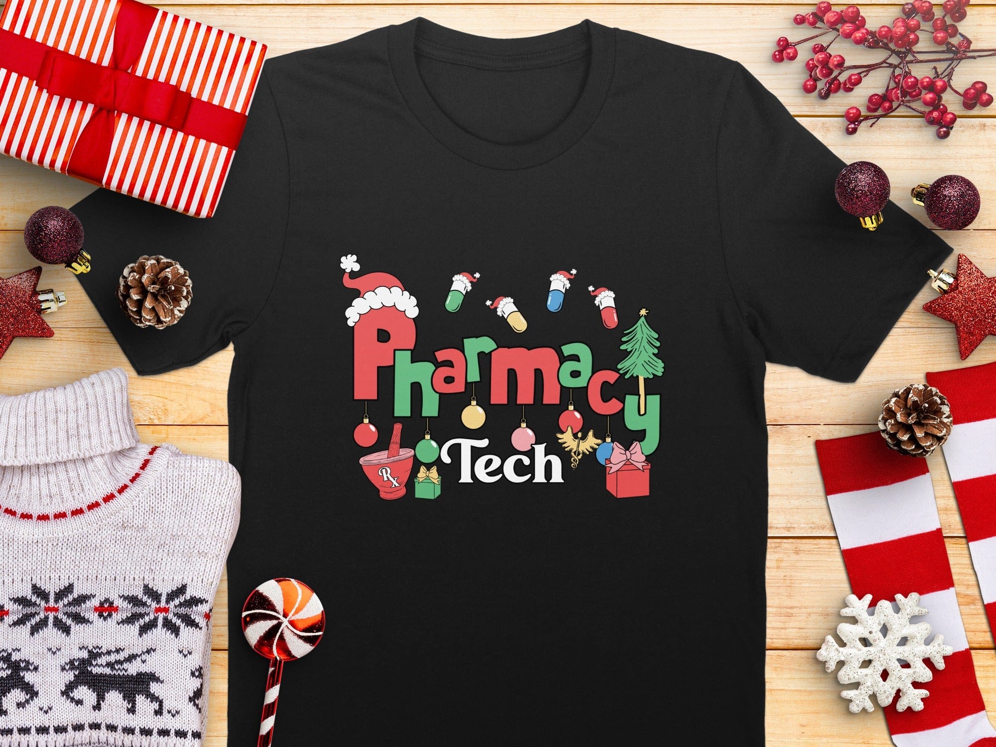 Festive Christmas Pharmacy Tech Graphic Shirt