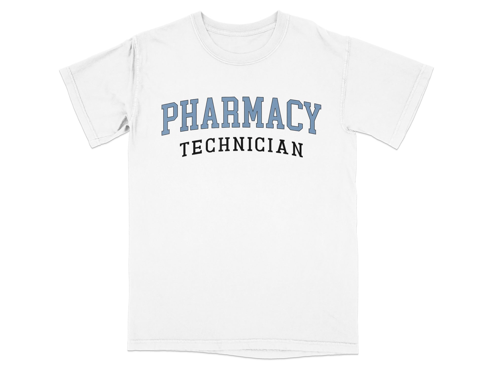 White t-shirt with "PHARMACY TECHNICIAN" text in blue and black.
