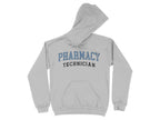 Light gray hoodie with "Pharmacy Technician" text across the chest.