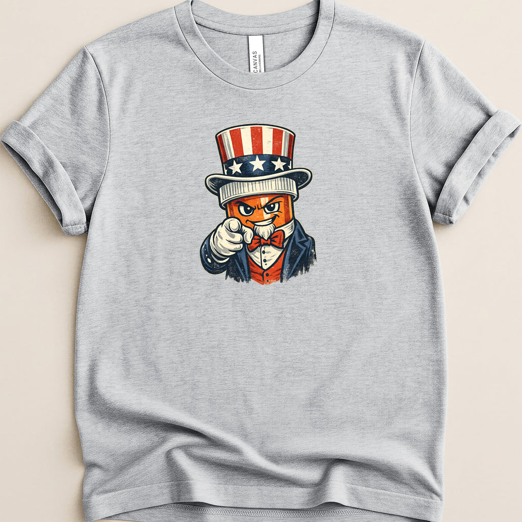 Cartoon Uncle Sam pointing forward, wearing a top hat and bow tie.