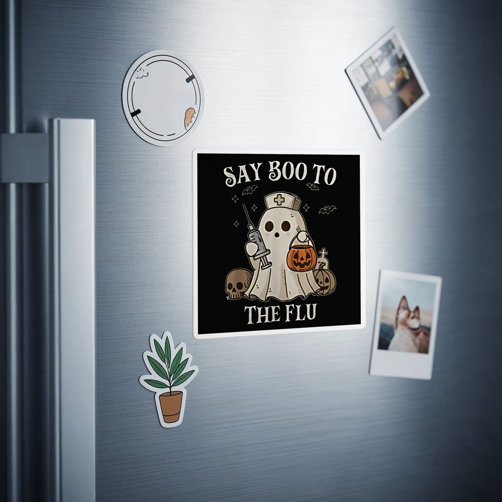 Halloween magnet with ghost nurse holding syringe and pumpkin, saying "Say Boo to the Flu".