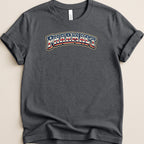 Dark grey t-shirt with "Pharmacy" text in a retro, patriotic font.