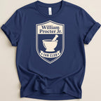 Navy t-shirt with William Procter Jr. Fan Club logo featuring a mortar and pestle.