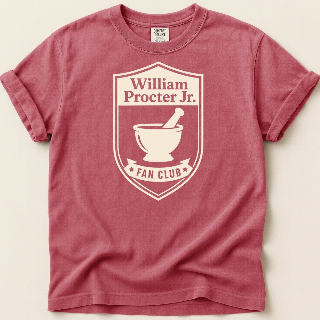 Red t-shirt with "William Procter Jr. Fan Club" and mortar and pestle emblem.