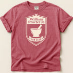 Red t-shirt with "William Procter Jr. Fan Club" and mortar and pestle emblem.