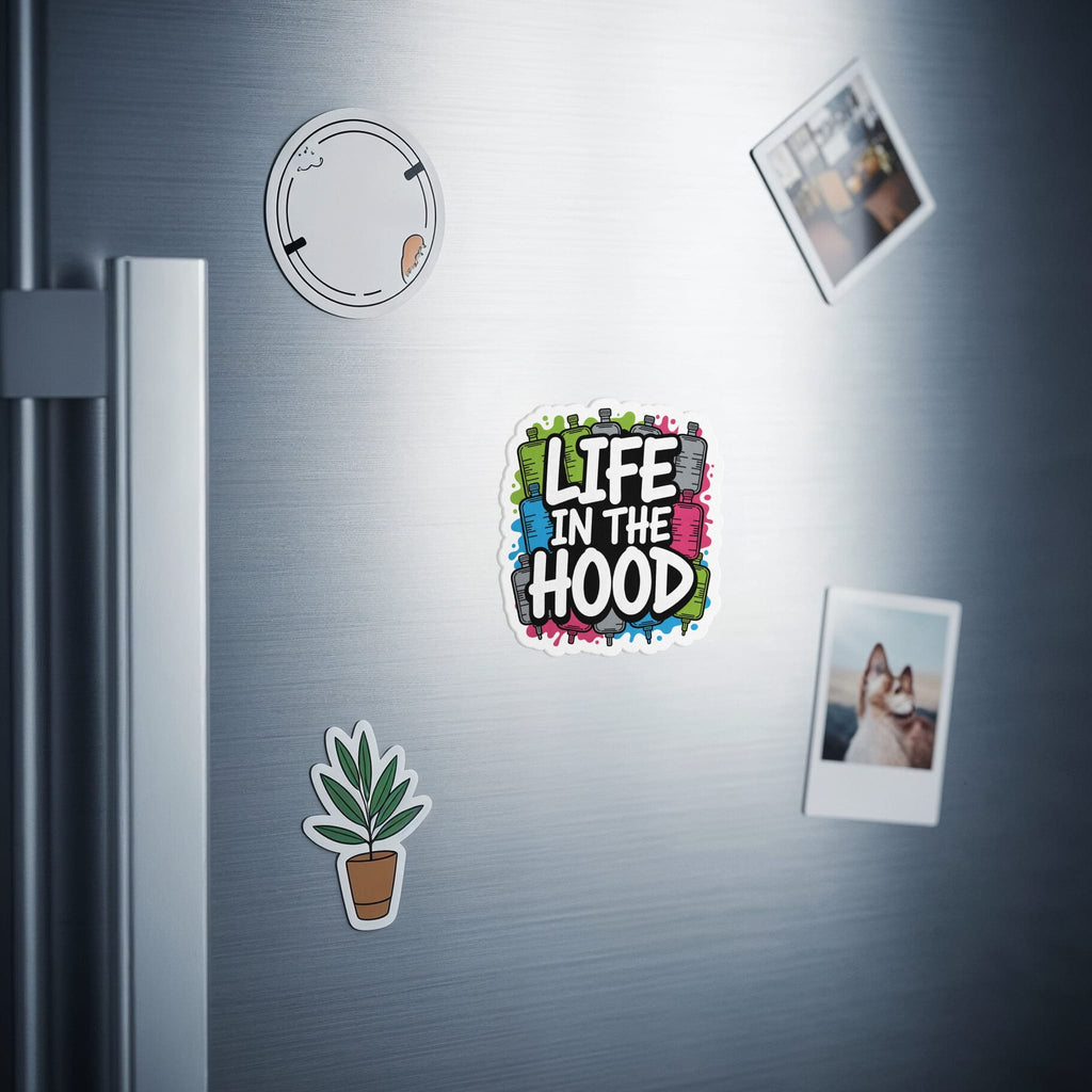 Sticker with "Life in the Hood" text and graffiti art on a refrigerator door.