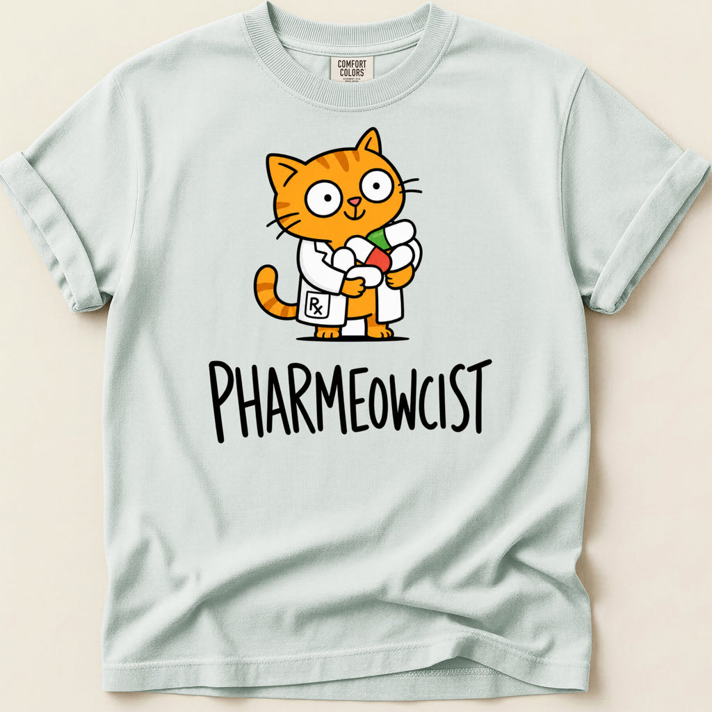 Orange tabby cat in lab coat holding pills, text "PHARMEOWCIST".