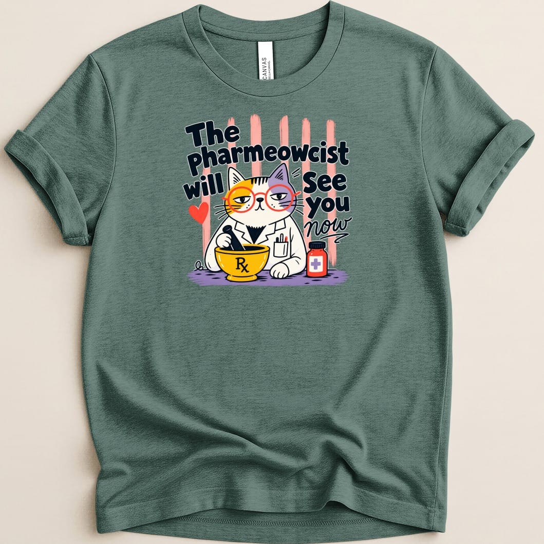 Cartoon cat pharmacist wearing glasses and lab coat with mortar and pestle.
