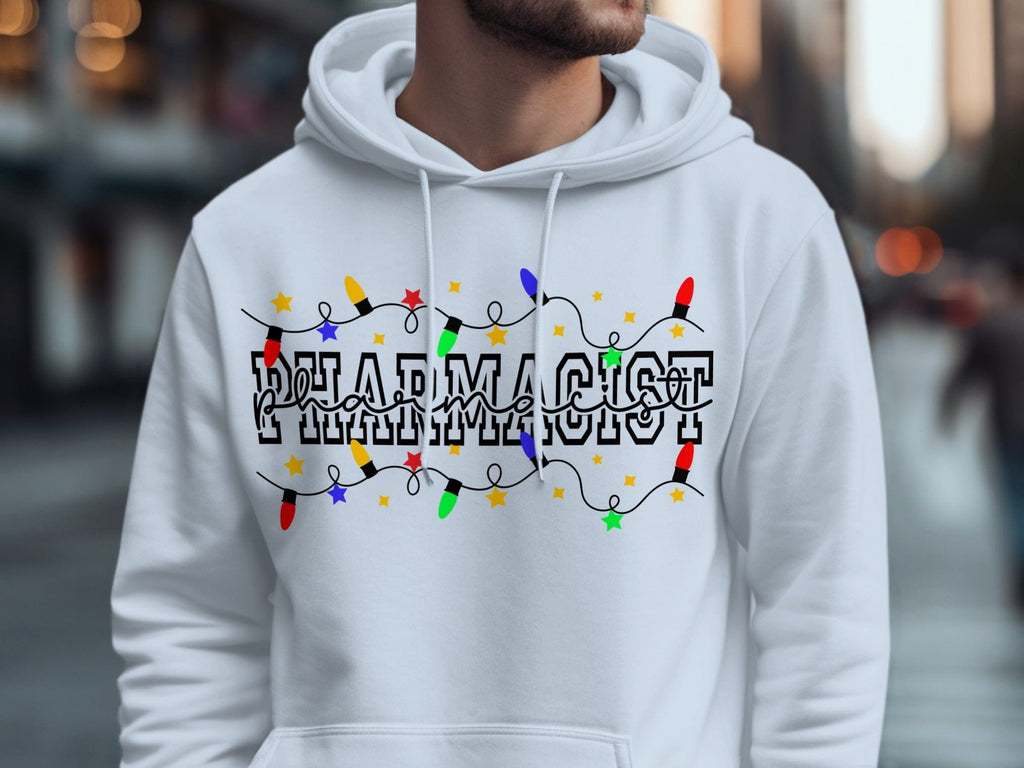 Festive Pharmacist Hoodie with Colorful Holiday Lights