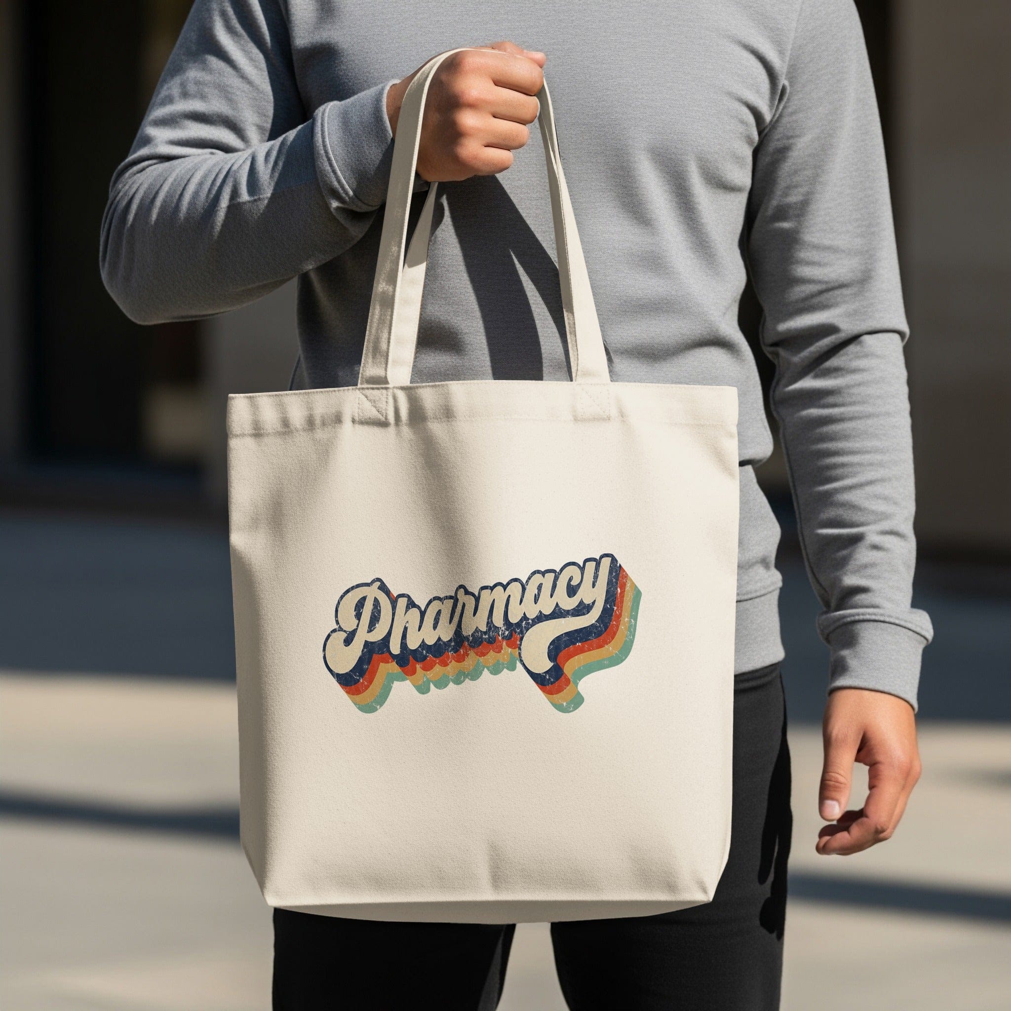 Retro Pharmacy Tote Bag with Rainbow Wave Design