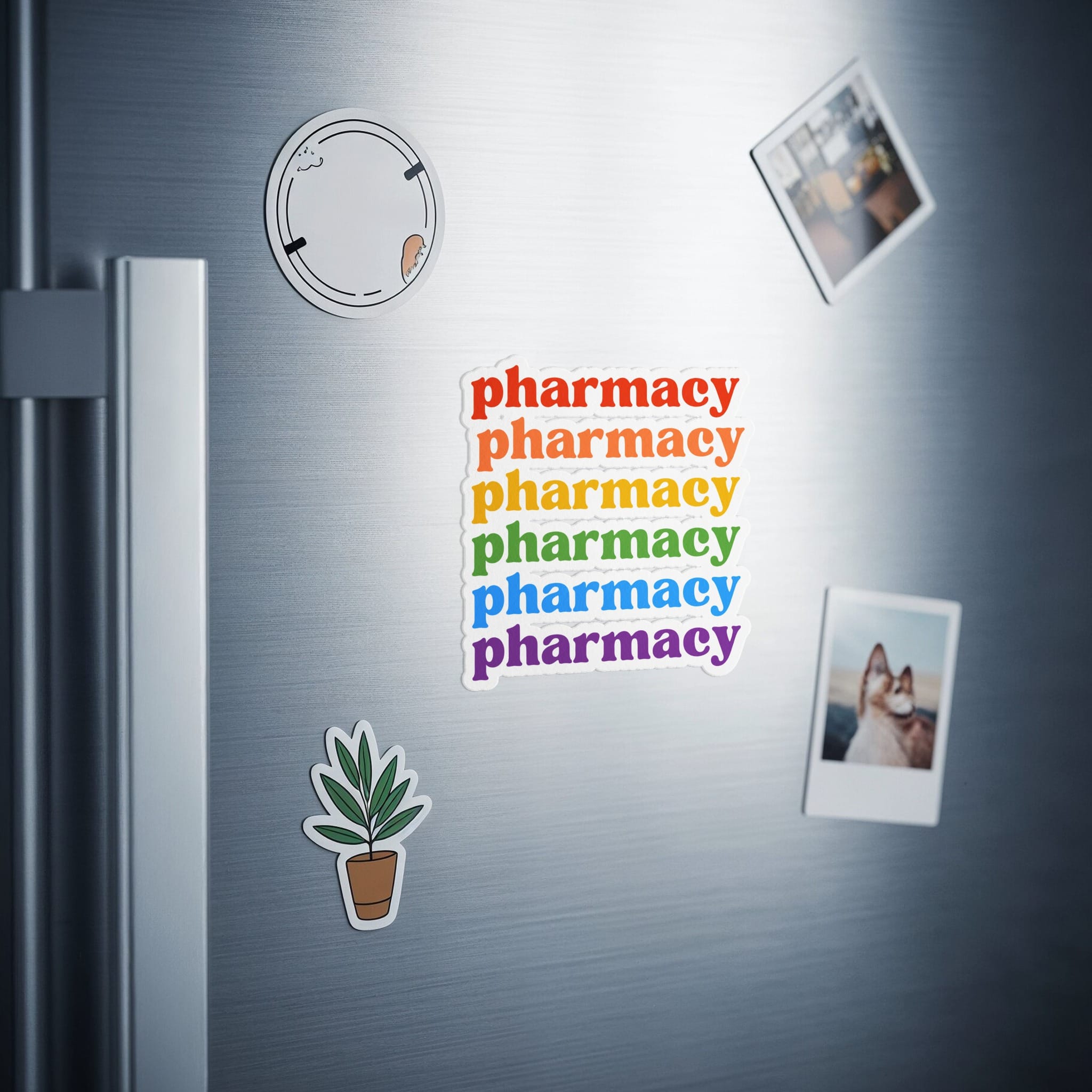 Rainbow pharmacy text stickers and plant and photo magnets on a refrigerator.