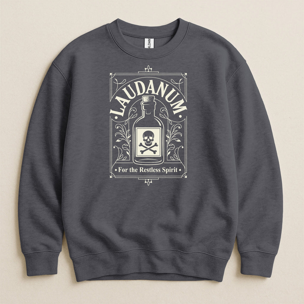 Dark gray sweatshirt with a Laudanum bottle design and skull motif.