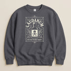 Dark gray sweatshirt with a Laudanum bottle design and skull motif.