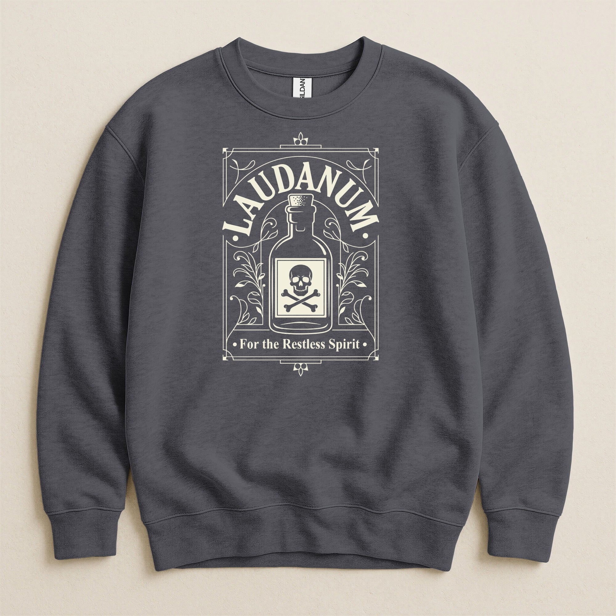 Dark gray sweatshirt with a Laudanum bottle design and skull motif.