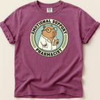Circular graphic with a capybara wearing glasses and a lab coat, labeled "Emotional Support Pharmacist".