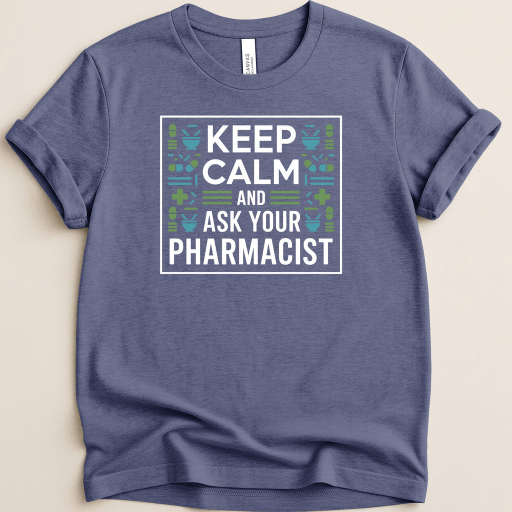 Blue t-shirt with "KEEP CALM AND ASK YOUR PHARMACIST" text and geometric pattern.