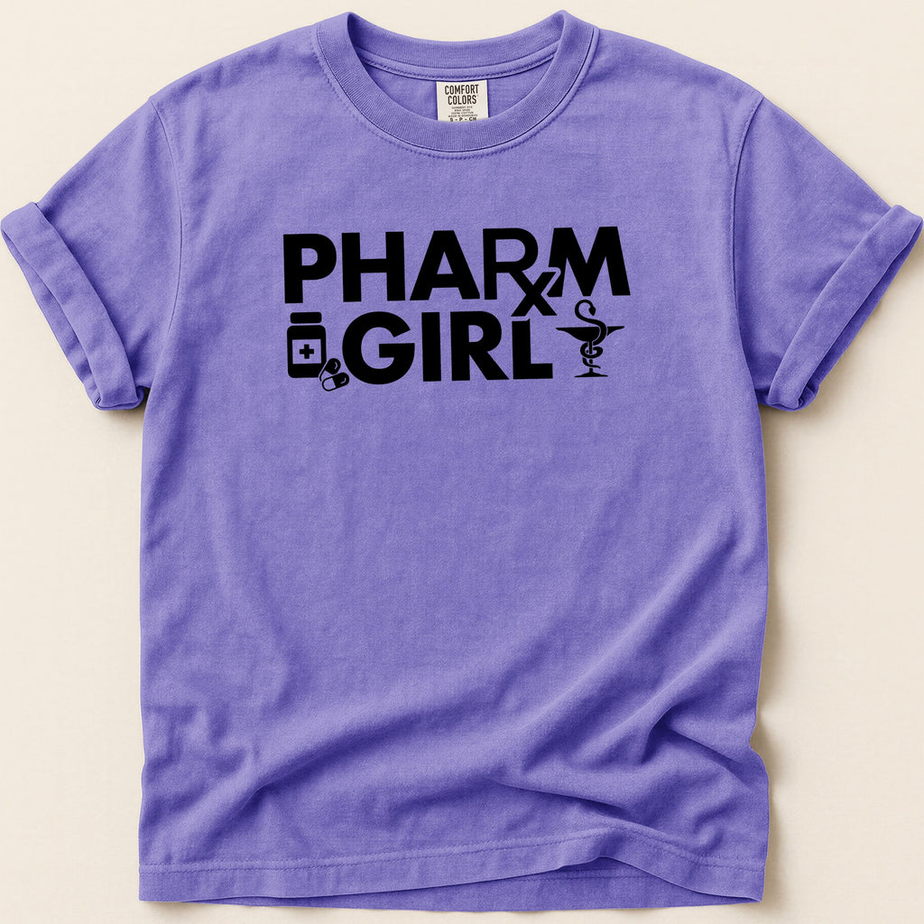 Purple t-shirt with "PHARM GIRL" and medical icons in black text.