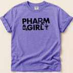 Purple t-shirt with "PHARM GIRL" and medical icons in black text.