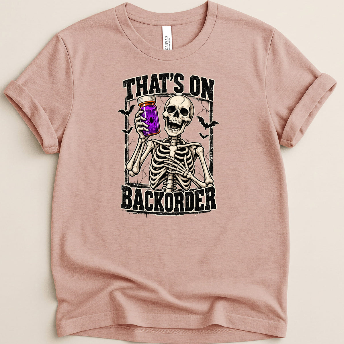Skeleton holding purple jar with spider. Text reads "That's On Backorder".