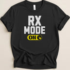 Black t-shirt with "RX MODE ON" and a yellow pill graphic.