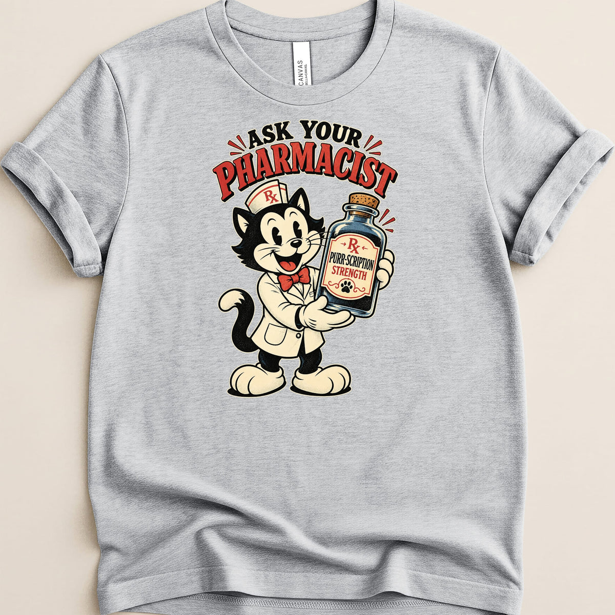 Cartoon cat pharmacist holds a bottle labeled "Purr-scription Strength."