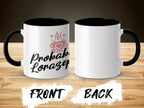 Two views of a white mug with a black interior, featuring "Probable Lorax" text and a pink heart.
