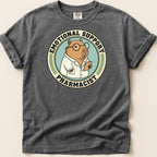 Capybara wearing glasses and lab coat with "Emotional Support Pharmacist" text.