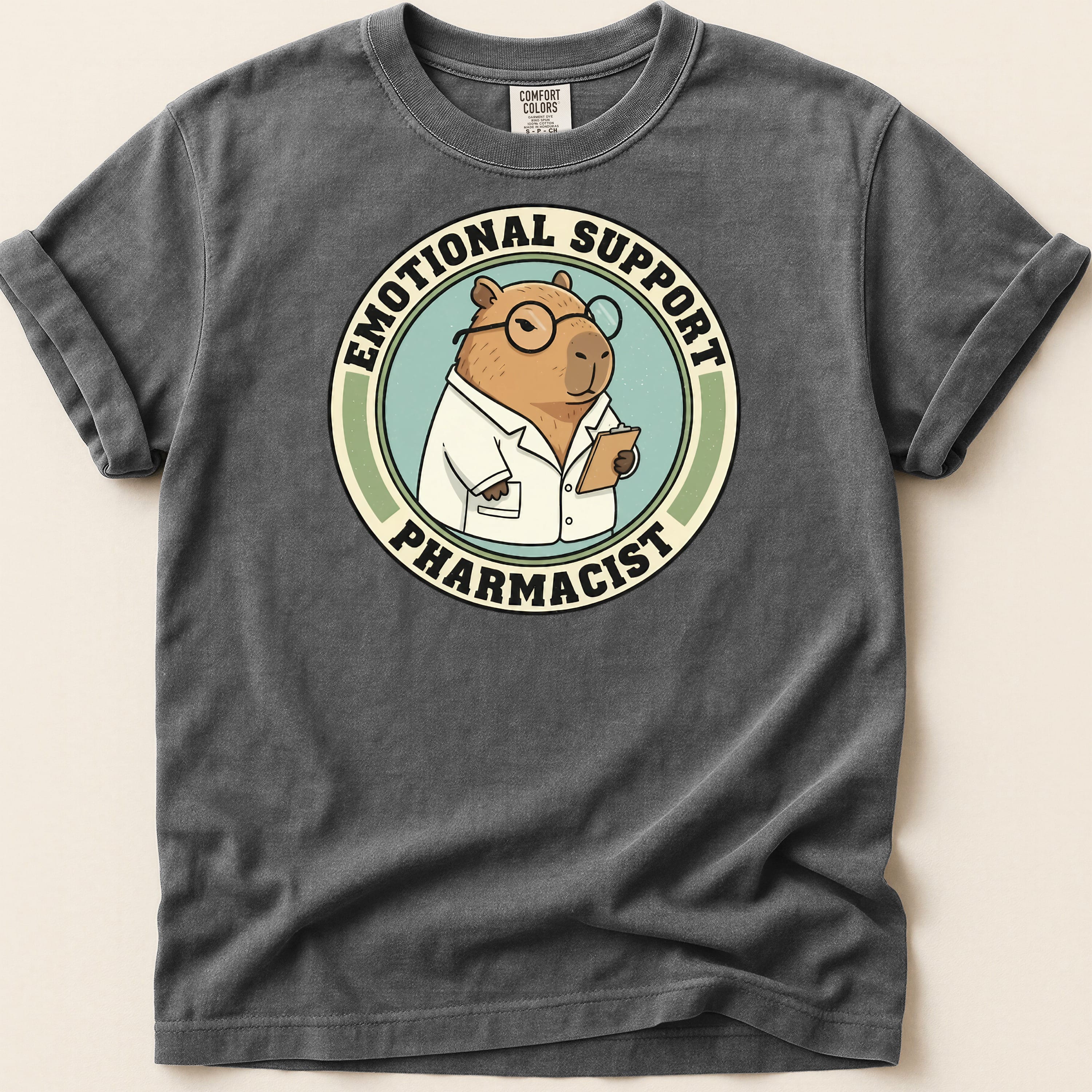 Capybara wearing glasses and lab coat with "Emotional Support Pharmacist" text.