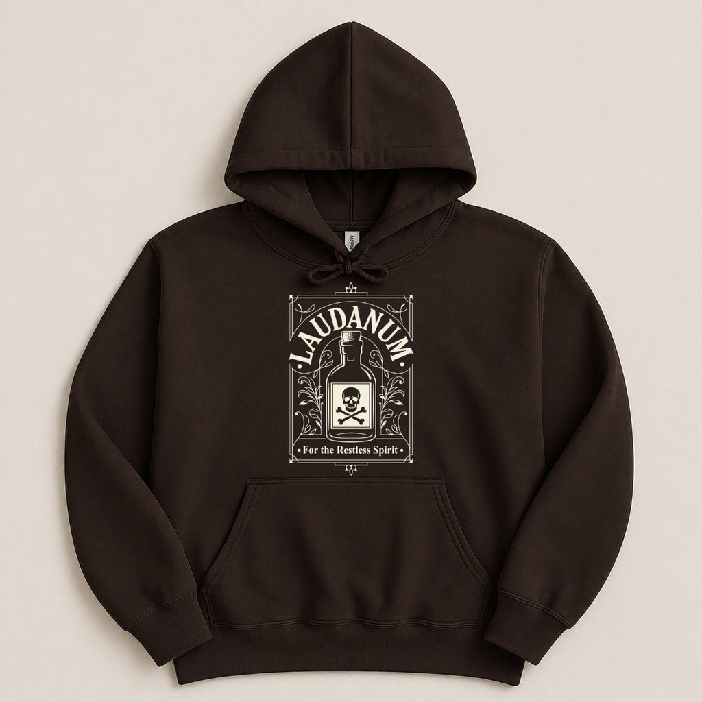 Dark brown hoodie with a skull and crossbones Laudanum design.