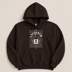 Dark brown hoodie with a skull and crossbones Laudanum design.