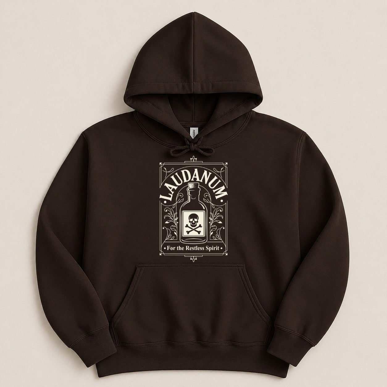 Dark brown hoodie with a skull and crossbones Laudanum design.