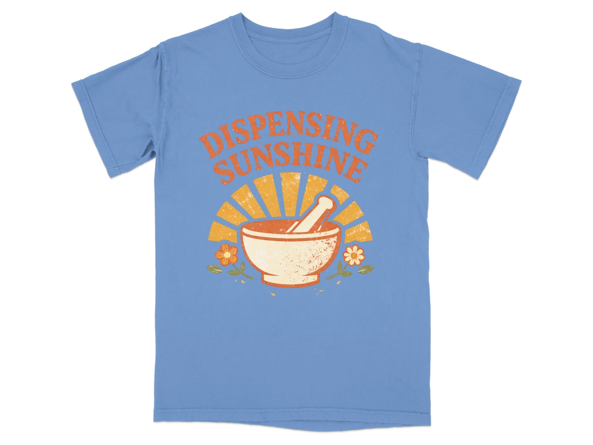 Blue t-shirt with "Dispensing Sunshine" text, mortar and pestle, and flowers.