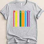 Grey t-shirt with colorful vertical stripes spelling out PHARMACY.