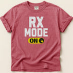 T-shirt with "RX MODE ON" graphic and pill icon.