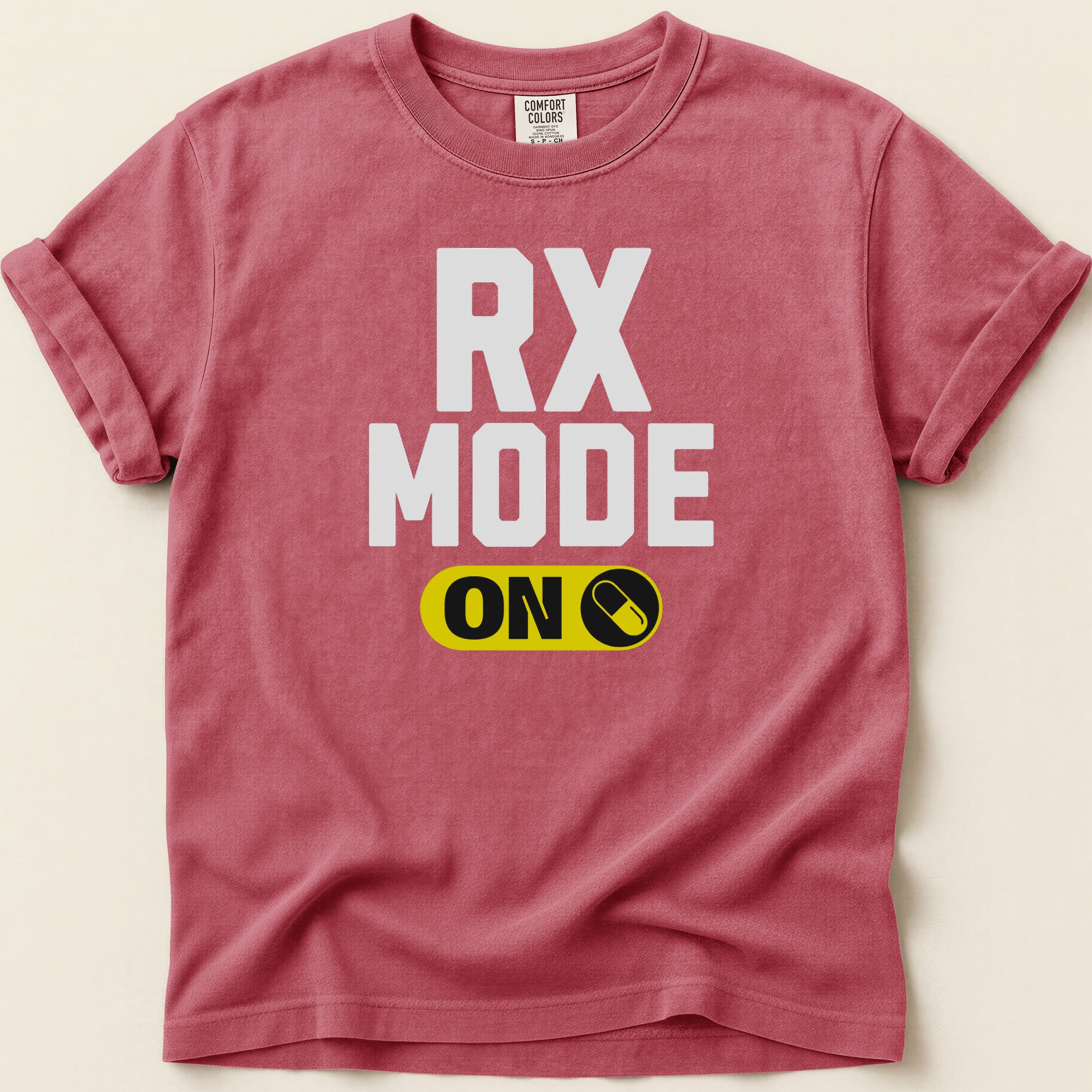 T-shirt with "RX MODE ON" graphic and pill icon.