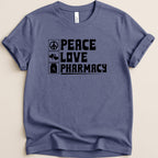 T-shirt with "Peace Love Pharmacy" text and a Rx symbol.