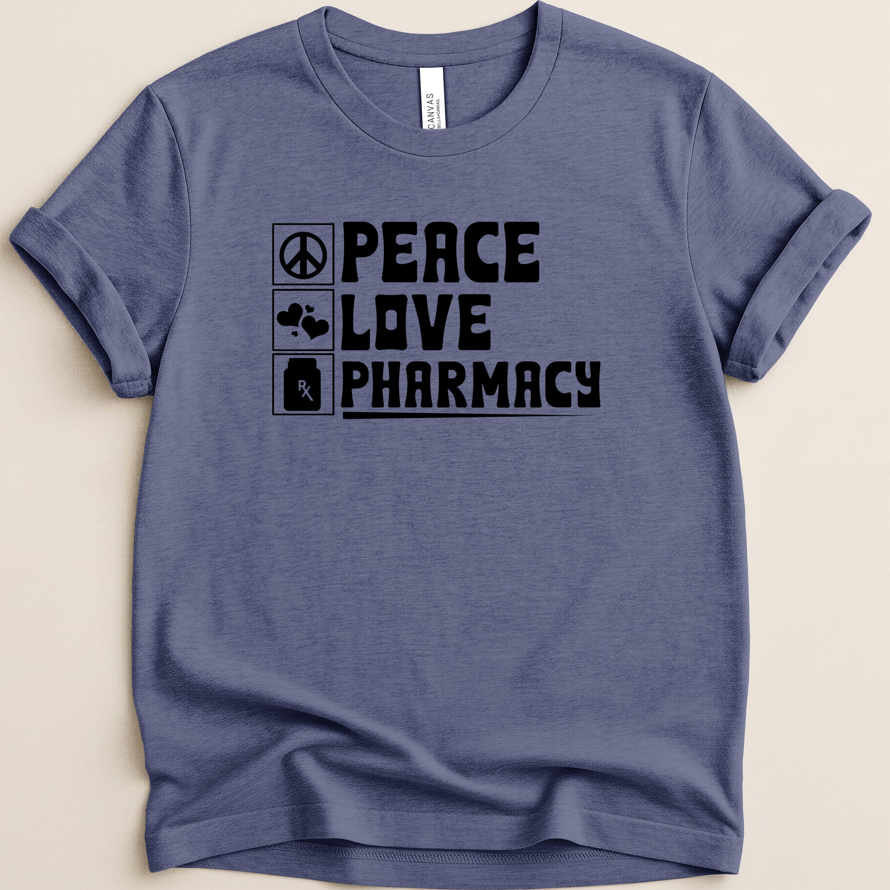 T-shirt with "Peace Love Pharmacy" text and a Rx symbol.